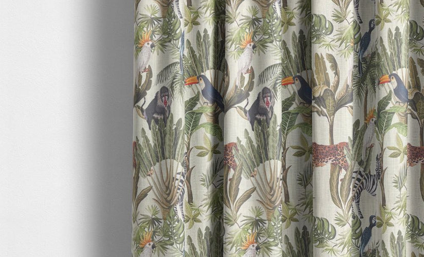 Cream linen blend fabric sample draped to show texture and warmth for curtains and upholstery