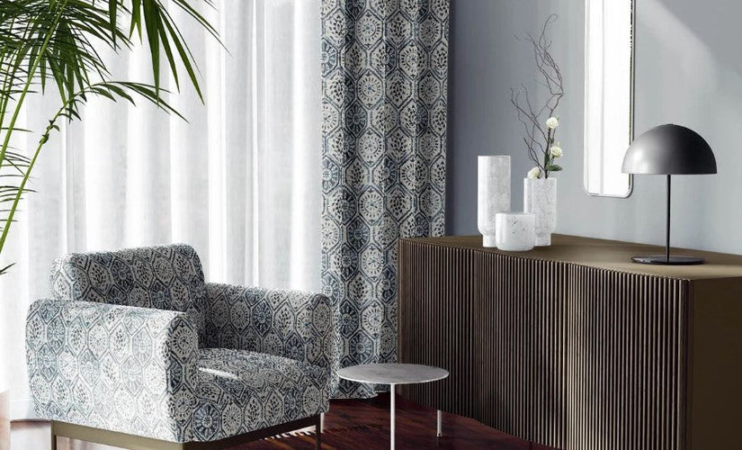 Geometric fabric curtains and armchair – bespoke made to measure fabric for curtains and blinds