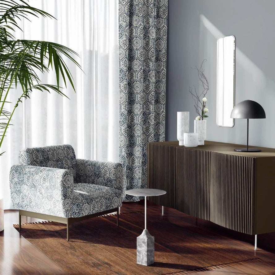 Geometric fabric curtains and armchair – bespoke made to measure fabric for curtains and blinds