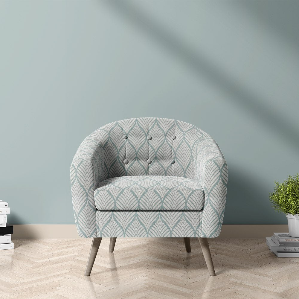 Adwick Velvet Fabric Duck Egg White on chair – soft velvet upholstery fabric