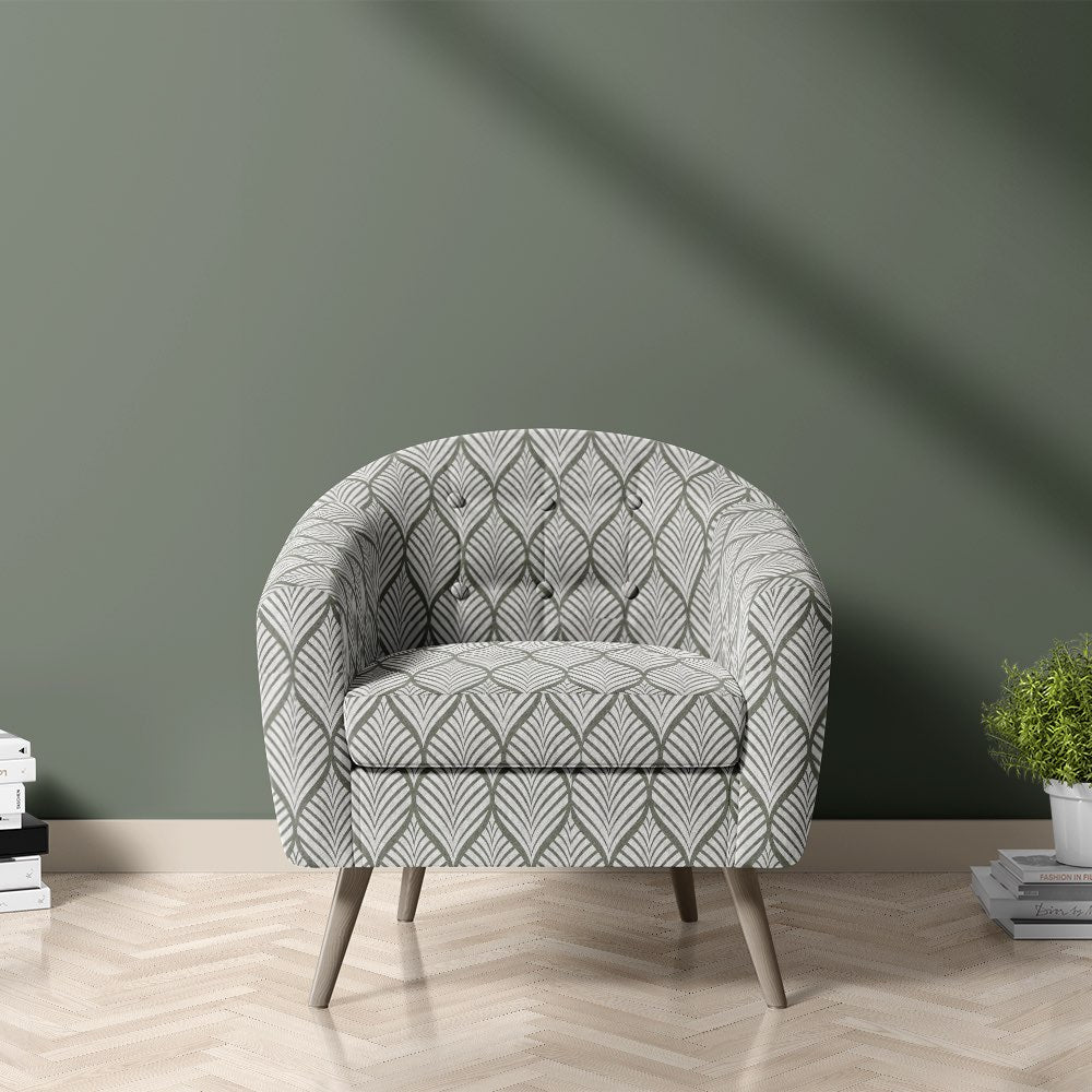 Adwick Velvet Fabric Fennel White on chair – velvet leaf print upholstery fabric