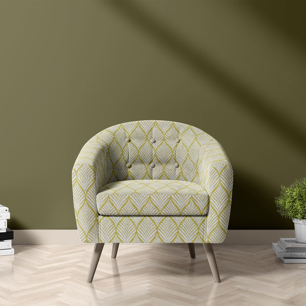 Adwick Velvet Fabric Ochre White on chair – leaf patterned chair fabric