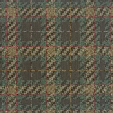 Close-up flat image of Alford Plaid green upholstery fabric showing traditional woven check pattern