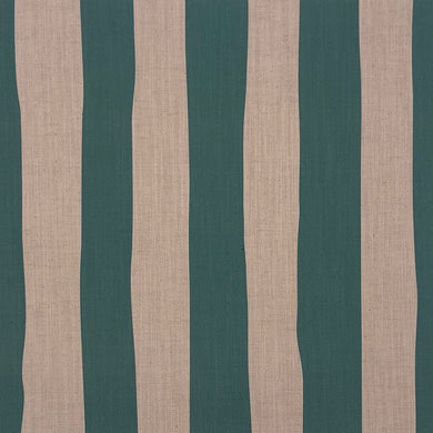 Teal striped upholstery fabric – bold blue-green stripe on natural linen-blend basecloth
