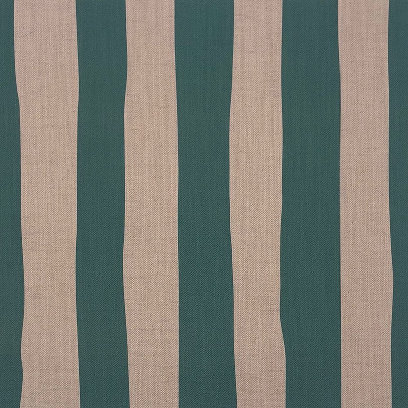 Teal striped upholstery fabric – bold blue-green stripe on natural linen-blend basecloth
