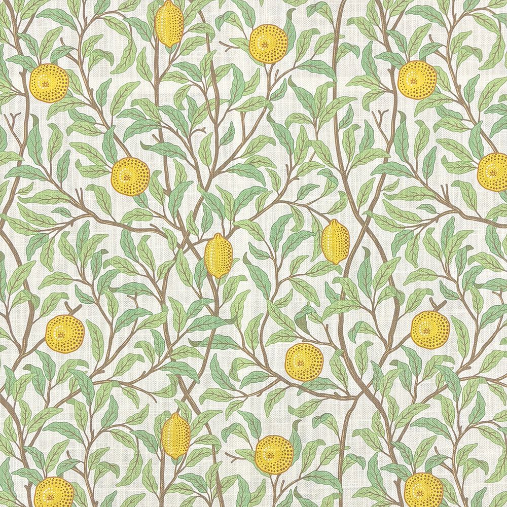 Amalfi velvet fabric with yellow lemon and green leaf design on cream background – suitable for upholstery and curtains.