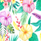 Amaranta green floral velvet fabric with pink, purple and yellow tropical flowers on a light ground