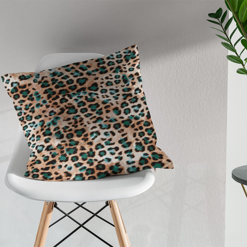 Amur leopard print fabric cushion showing decorative animal print design