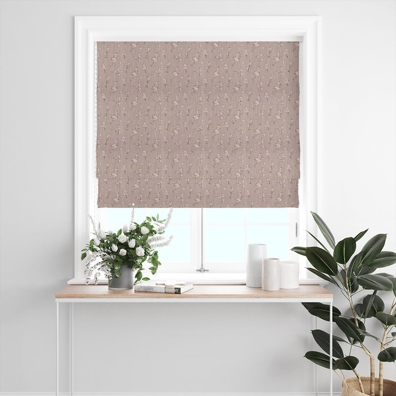 Apple Blossom Natural linen curtain fabric styled as a Roman blind with soft drape and botanical charm