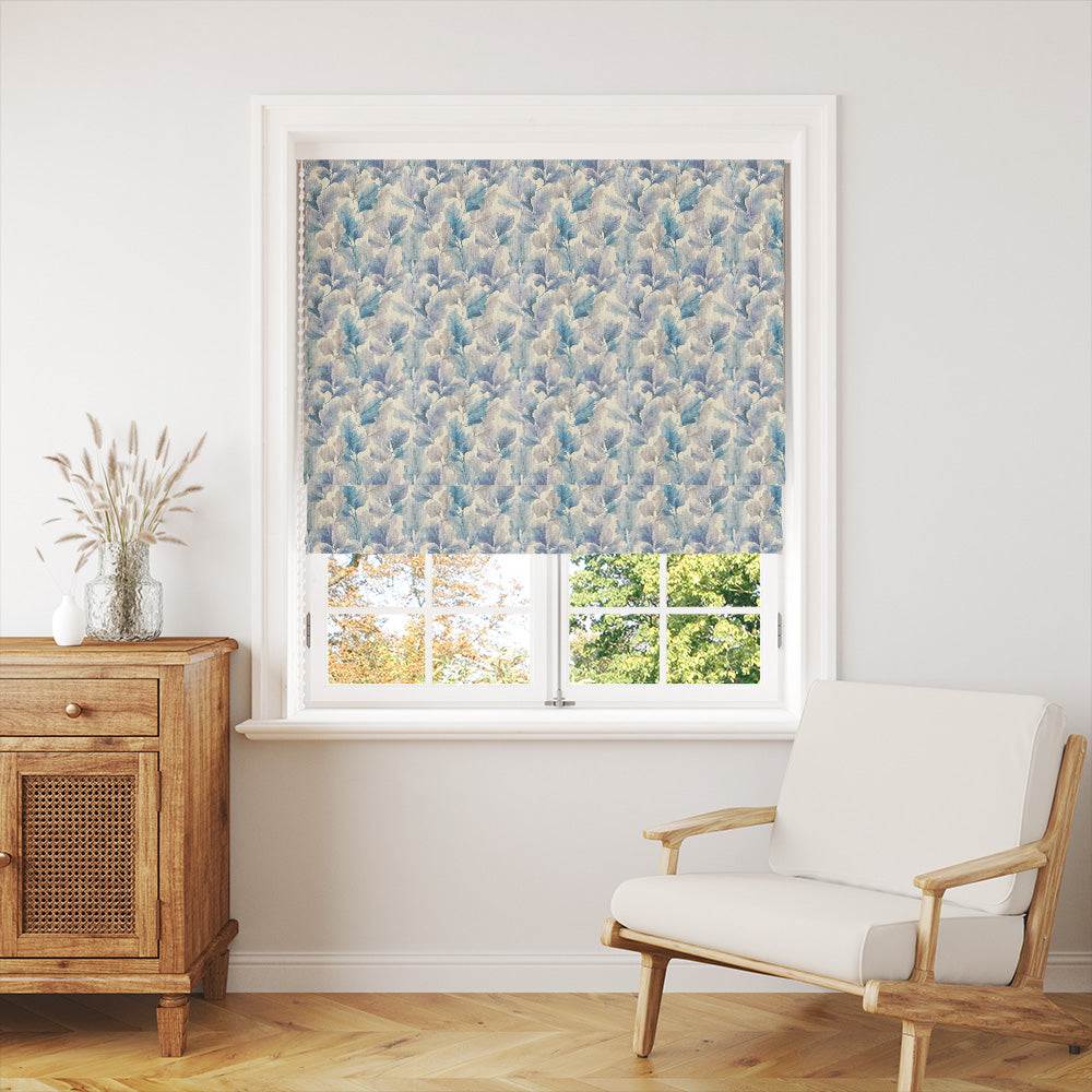 Aria Leaf Linen Curtain Fabric shown as Roman blind in modern interior
