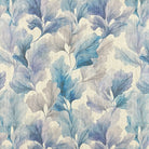 Flat lay of Aria Leaf Linen Curtain Fabric with soft blue and lilac leaf pattern