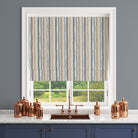 Blue striped linen curtain fabric used for Roman blind in kitchen setting