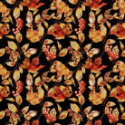 Autumn Leaf Black patterned curtain fabric with vivid rust, gold and ochre leaves against a dramatic dark ground