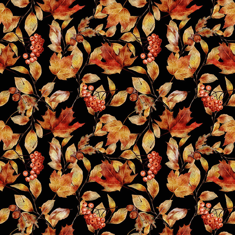Autumn Leaf Black patterned curtain fabric with vivid rust, gold and ochre leaves against a dramatic dark ground