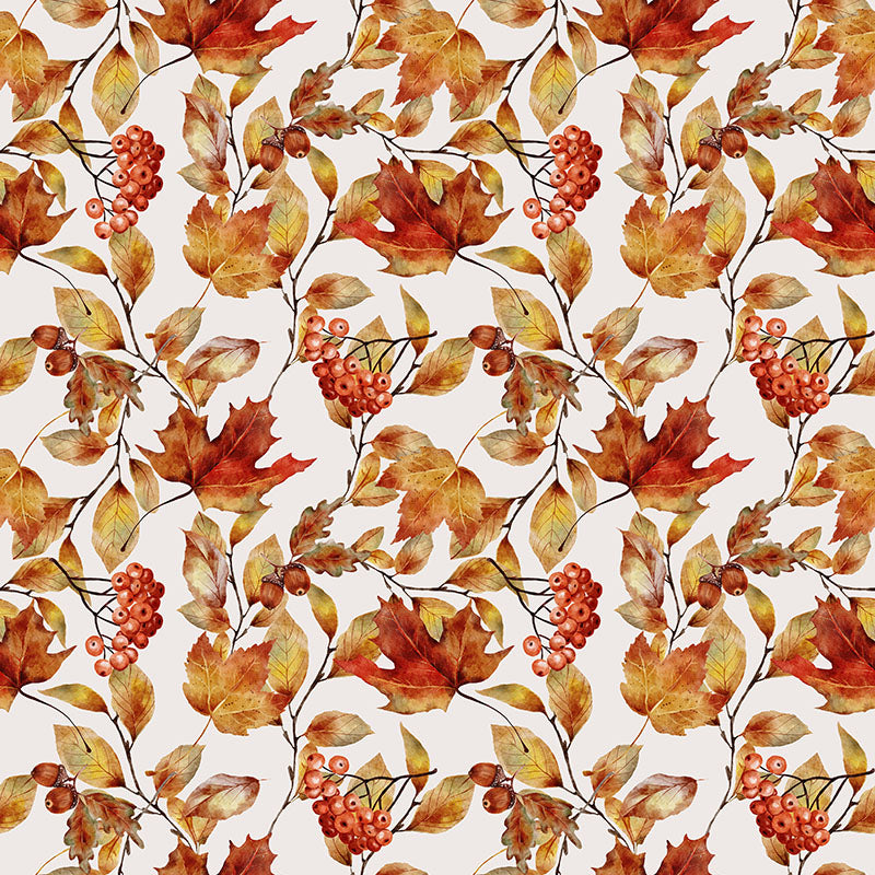 Autumn Leaf Golden washable curtain fabric with russet maple leaves, berries and acorns on an ivory ground