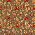Autumn Leaf Stone botanical curtain fabric with painted orange leaves and berries on an earthy taupe background