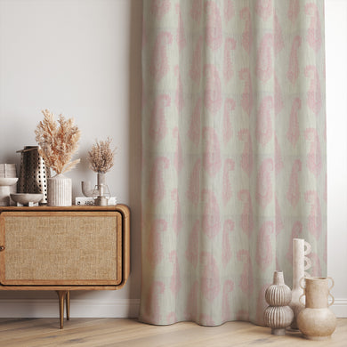Baku Paisley Linen curtain fabric in blush pink, styled as elegant draped curtains in a modern interior