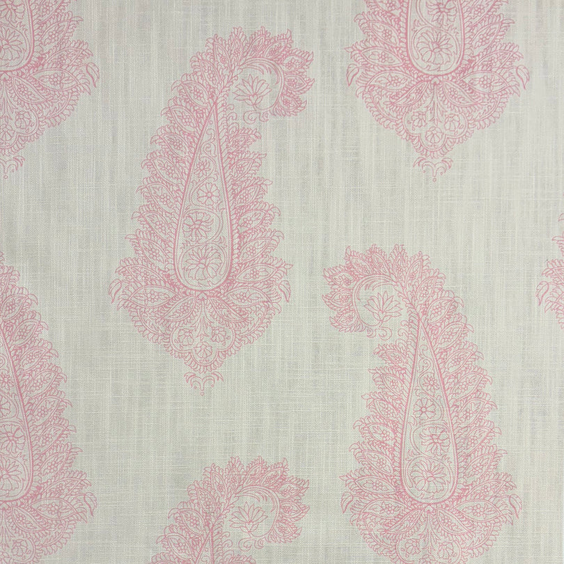 Baku Paisley Linen curtain fabric with intricate blush pink paisley pattern on a natural linen background.