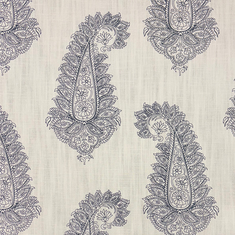 Baku Paisley Linen curtain fabric with intricate navy blue paisley pattern on a natural linen background.