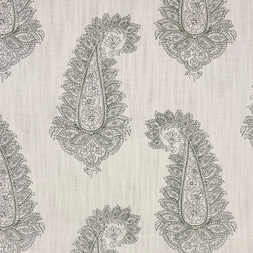 Baku Paisley Linen curtain fabric with intricate sage green paisley pattern on a natural linen background.