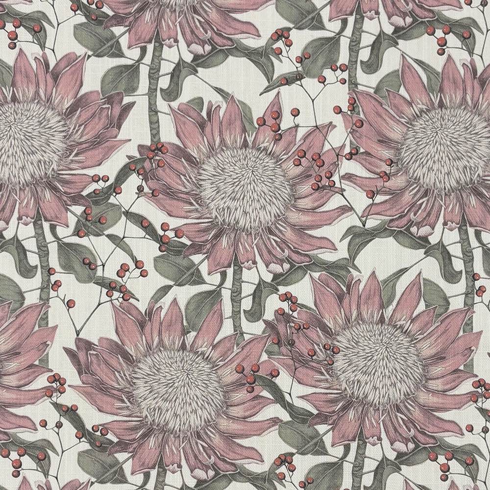Flat lay of Barwick Ivory floral linen curtain fabric with large protea-style blooms in soft pink and sage green
