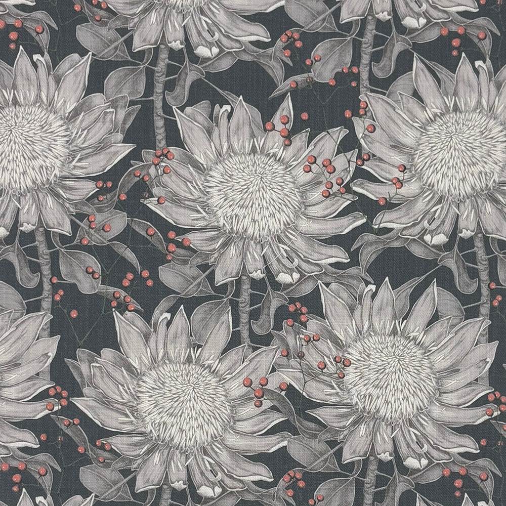 Flat lay of Barwick Midnight floral linen curtain fabric featuring grey protea blooms on a dramatic dark charcoal background