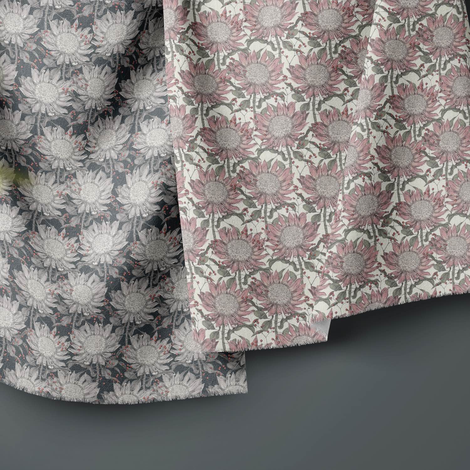 Barwick Floral Linen Curtain Fabric draped in a roomset, showing both Midnight and Ivory colourways side by side