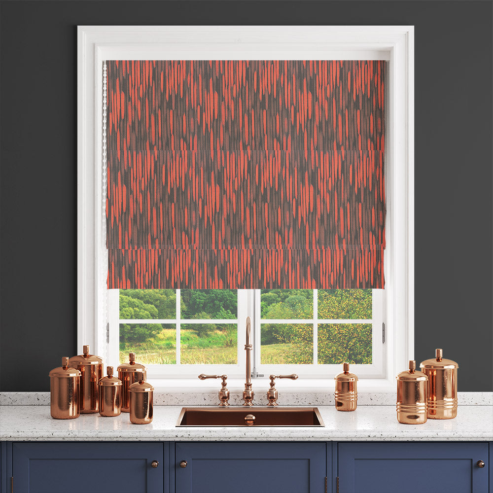 Benton Red Blind – Benton Red curtain fabric shown as Roman blind with vertical stripe pattern