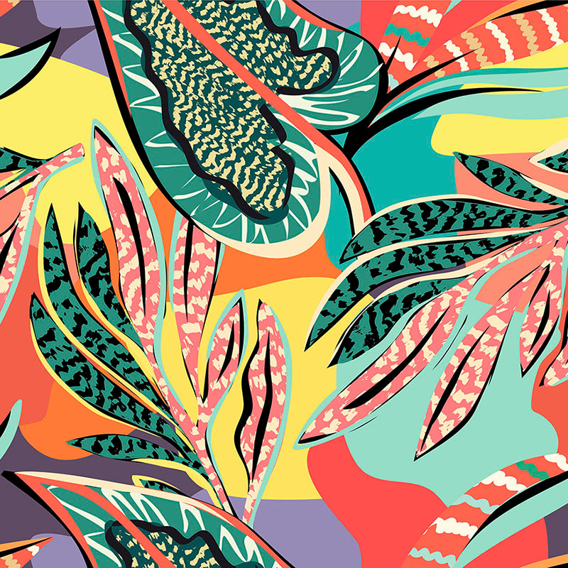Bermuda tropical velvet upholstery fabric with coral, aqua, yellow and green oversized graphic leaves