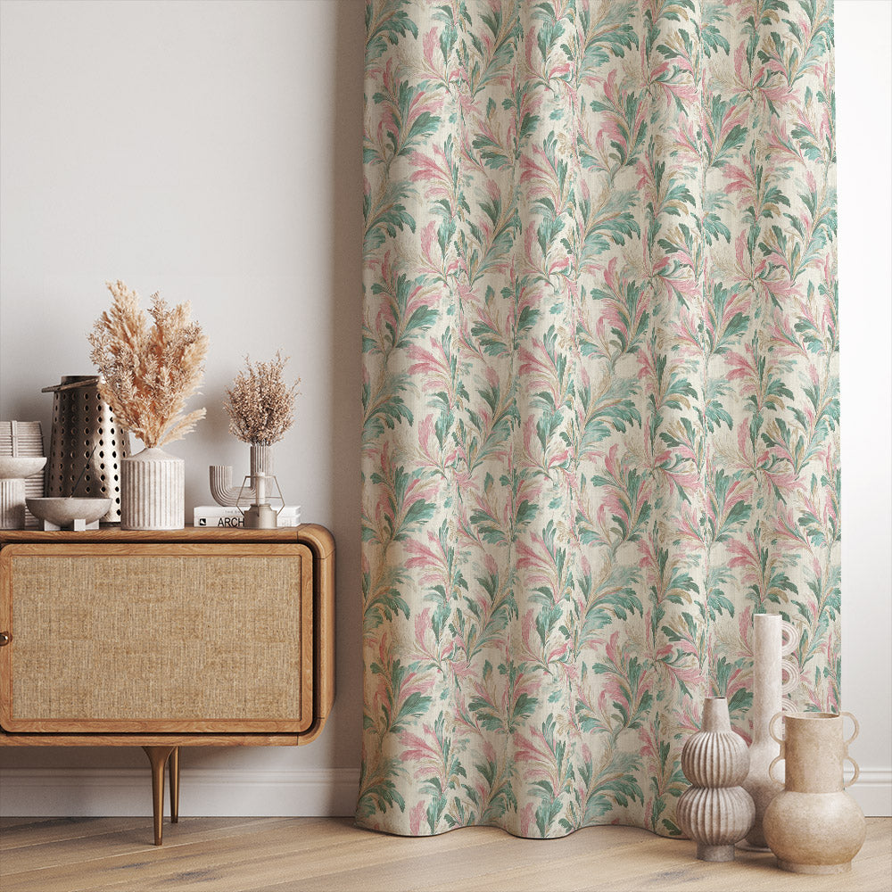 Birchwood leaf linen curtain fabric styled as full length curtains with soft drape in modern neutral living room