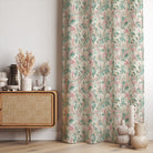 Birchwood leaf linen curtain fabric styled as full length curtains with soft drape in modern neutral living room