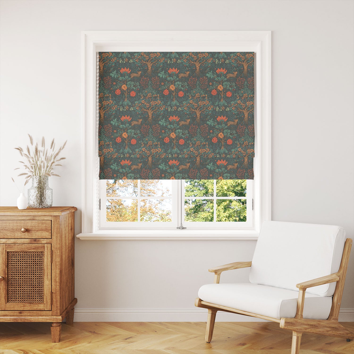 Roman blind made in Bloomsbury animal curtain fabric with William Morris style print