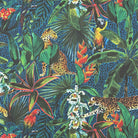 animal curtain fabric with tropical jungle leaves, leopards and parrots printed on linen blend fabric