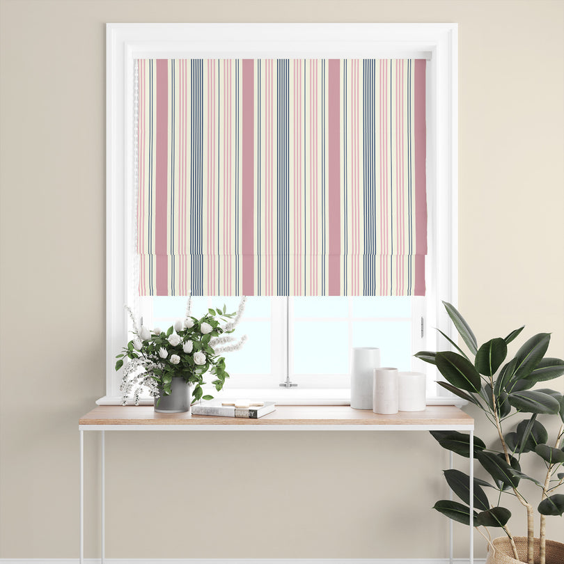 Boston Stripe Pink Cotton Curtain Fabric displayed as a Roman blind with soft pink and navy stripes, suitable for classic or modern interiors.