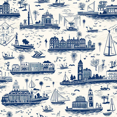 Boston Toile Cotton Curtain Fabric Sample - Blue