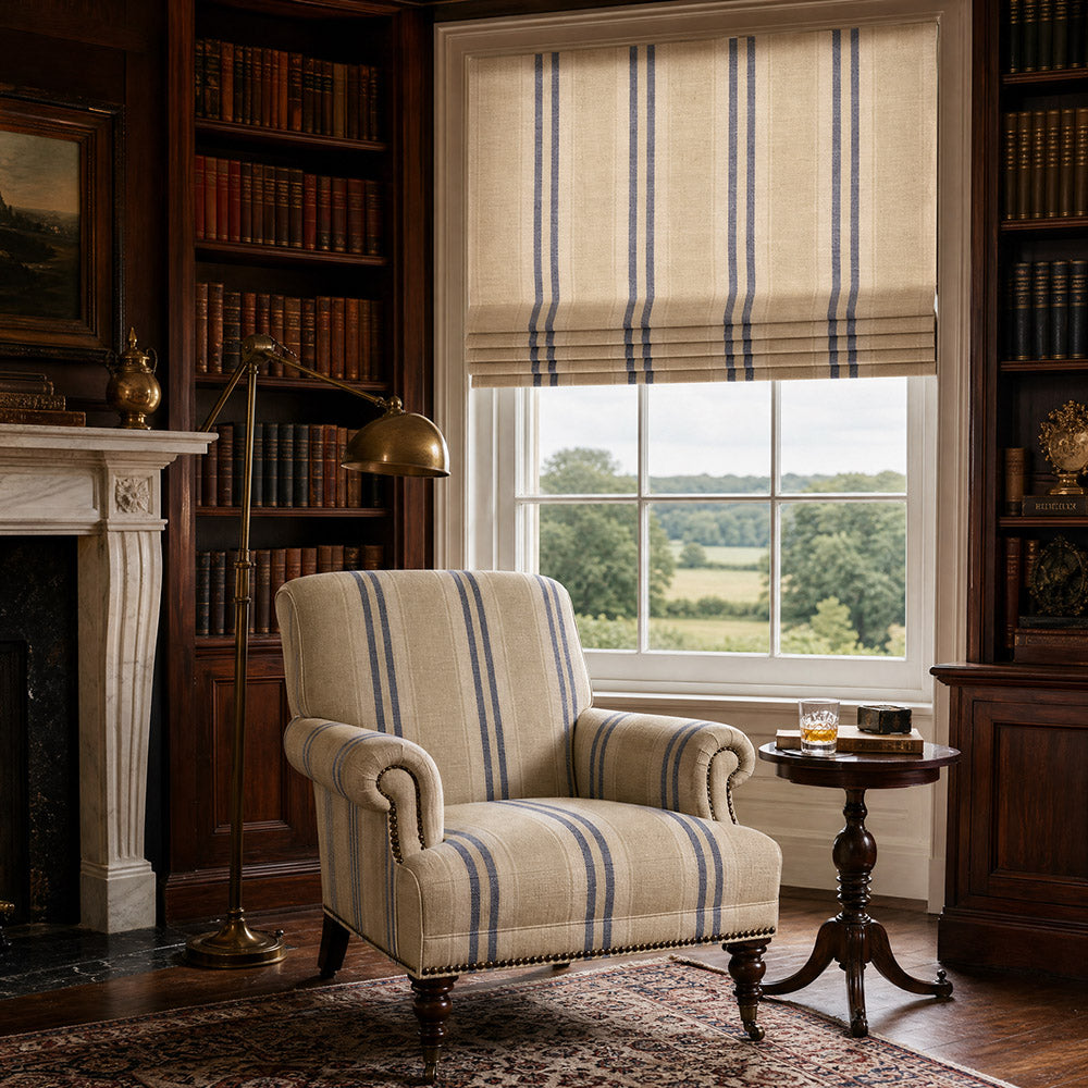Braemar Stripe Upholstery Fabric in Navy roomset with striped fabric chair