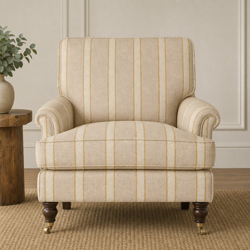 Braemar Ochre striped upholstery fabric on armchair, warm yellow stripe fabric for statement chairs and coordinated interiors