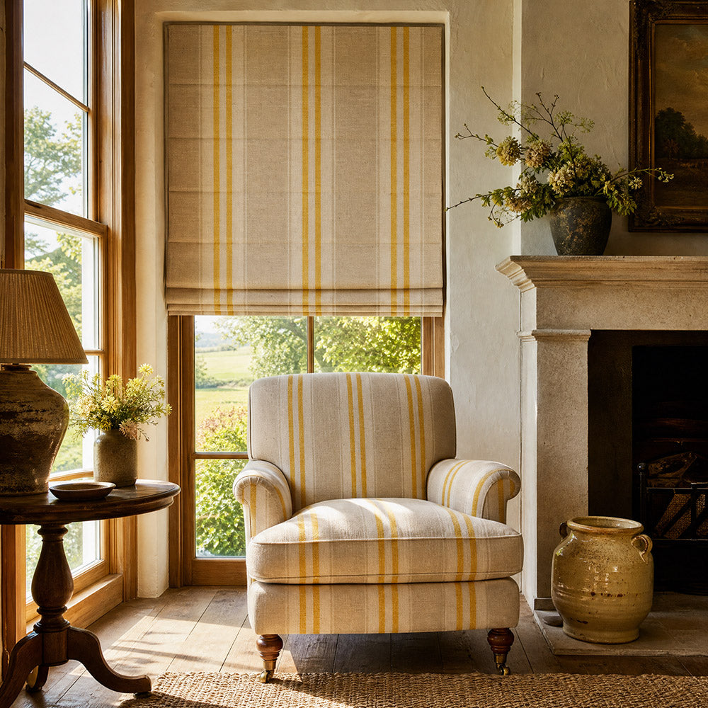 Braemar Stripe Upholstery Fabric in Ochre roomset for upholstery and blinds