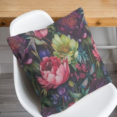 Cushion made from Brazil Multi floral cotton curtain fabric with pink and green flowers and dragonflies