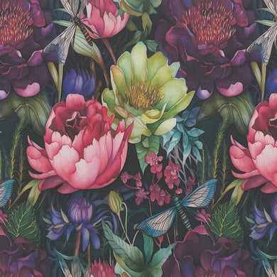 Brazil Multi floral cotton curtain fabric with bold tropical flower design on black background