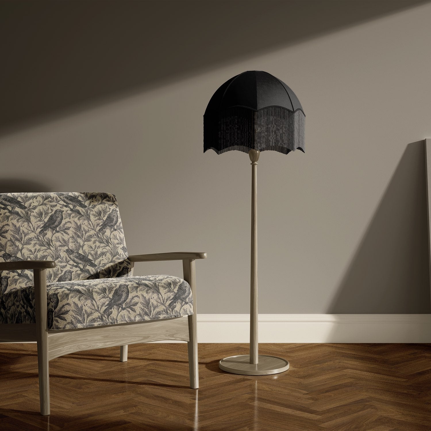 Brewood bird style upholstery fabric upholstered on accent chair in neutral interior setting