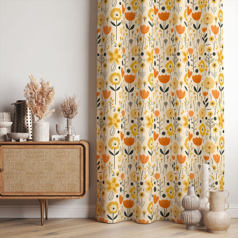 Mustard colored Buttercup Folk Cotton Curtain Fabric with traditional folk design