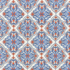     blue curtain fabric with mediterranean tile pattern in geometric floral design printed on linen blend