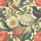 Callington floral bird linen curtain fabric close-up showing detailed birds and painted flower pattern