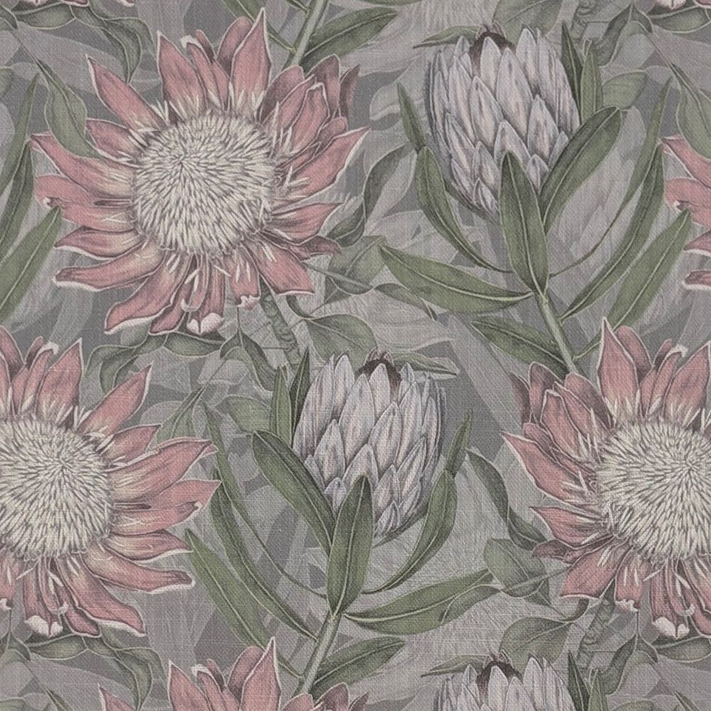 Calstock Dusk floral linen curtain fabric featuring vintage-inspired flower design in mauve and taupe on a natural background