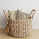Beige Camellia striped and damask cushions styled as a warm neutral coordinated fabric pairing