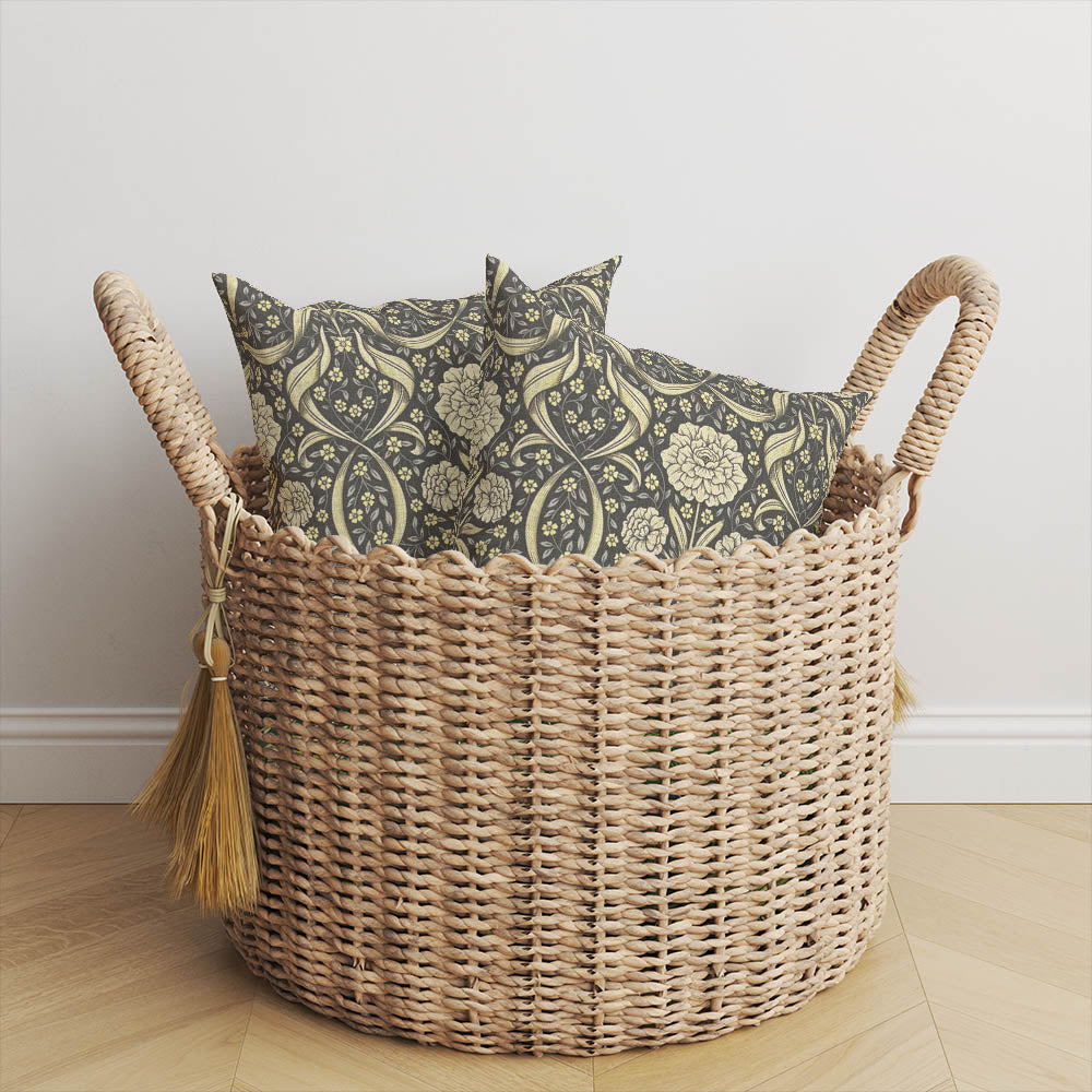 Black Camellia floral damask linen cushions styled in a refined neutral country interior