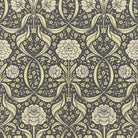 Camellia Damask Black floral linen curtain fabric with elegant cream and muted gold botanical pattern