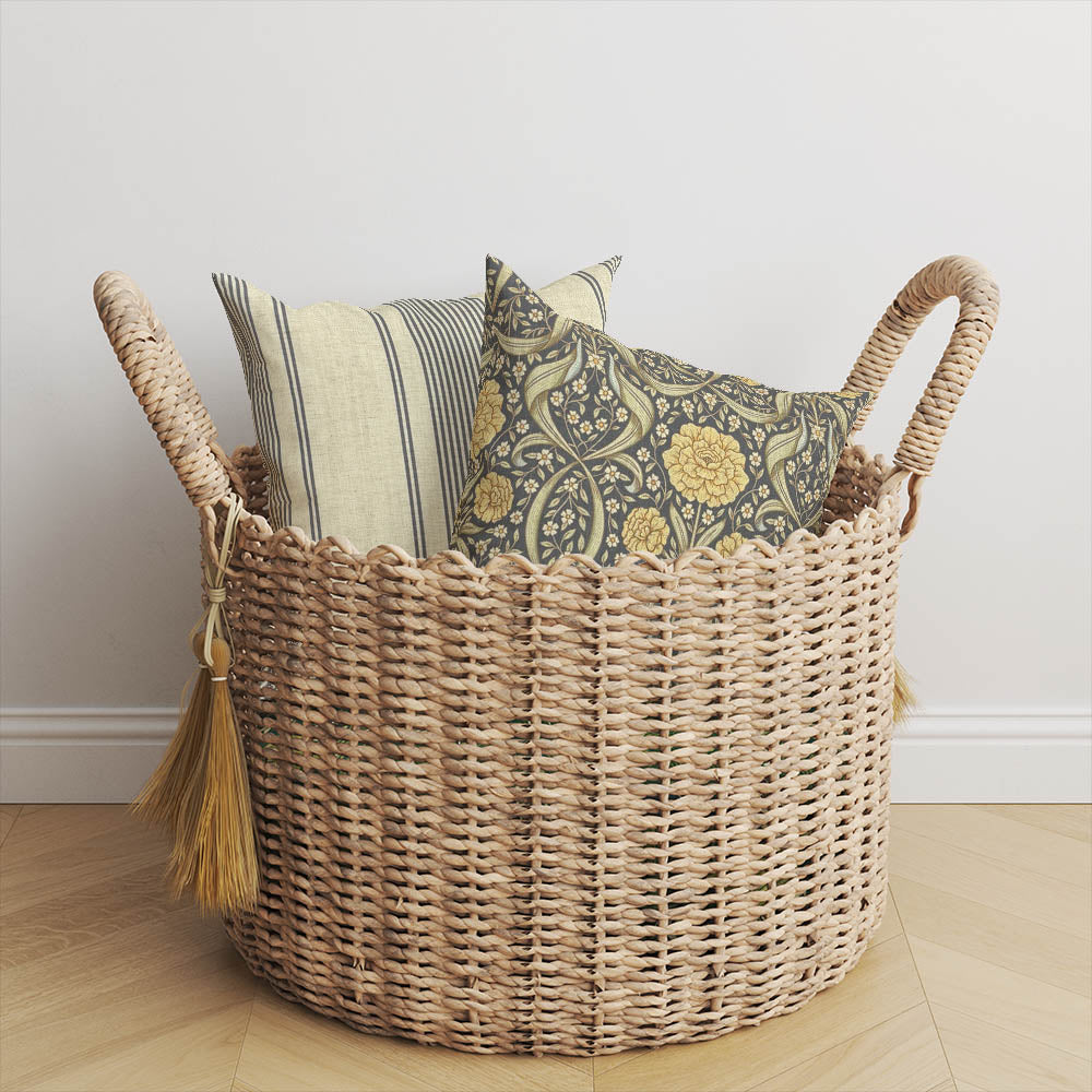 Charcoal Camellia stripe cushion coordinated with the matching gold floral damask fabric