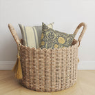 Charcoal Camellia stripe cushion coordinated with the matching gold floral damask fabric